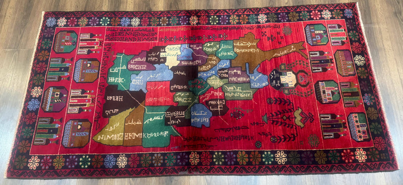 Afghan Rug 3x7, Map of Afghanistan, War Rug, Tribal Rug, Balouch Rug, New, Red by Jewel Rugs