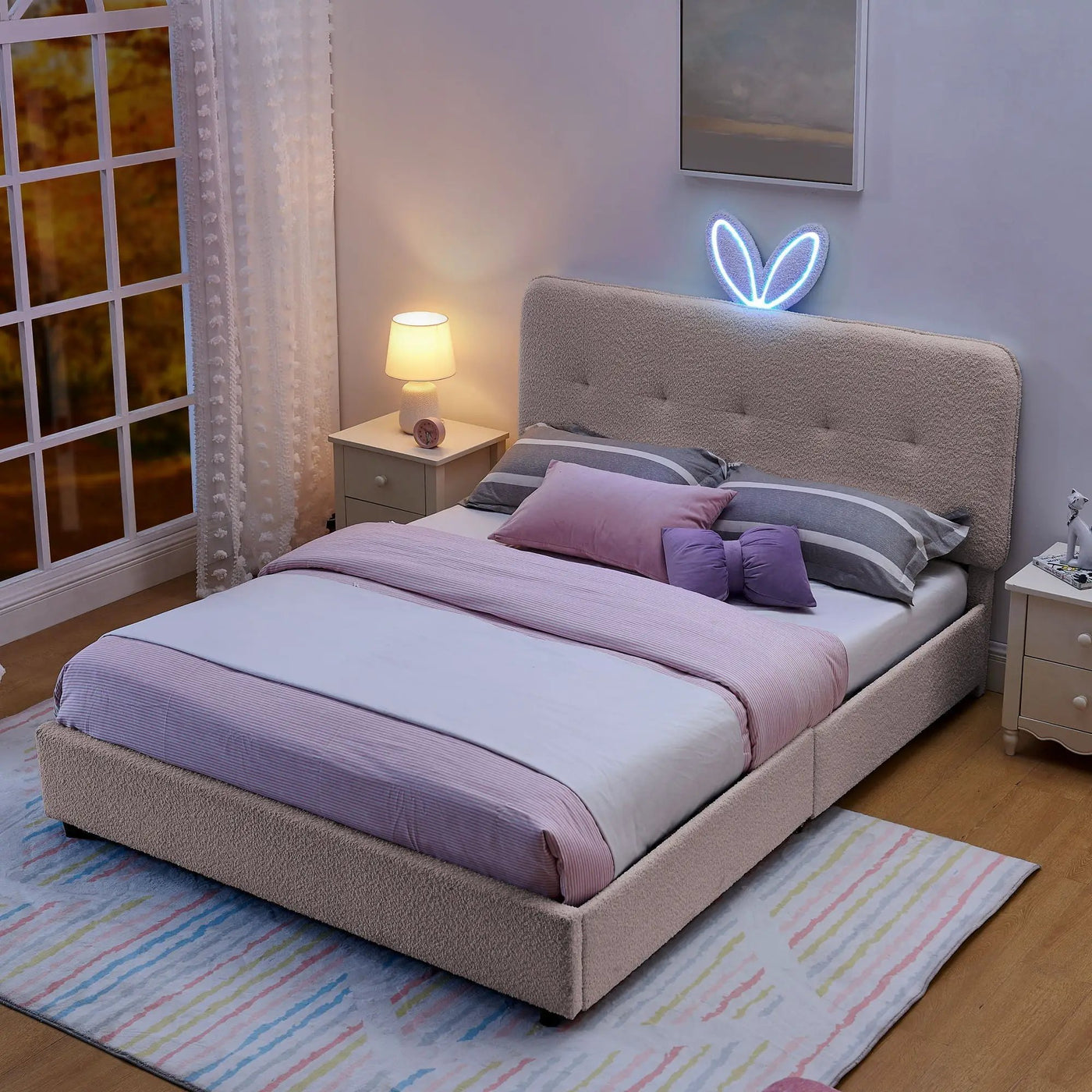 Upholstered Bed With Oversized Rabbit Ear Headboard, LED Lights & 4 Storage Drawers by HouseOfZazla