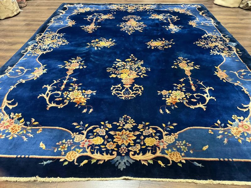 Blue Chinese Art Deco Rug 9x12, Vintage Antique Chinese Wool Rug, Chinese Fette Rug by Jewel Rugs