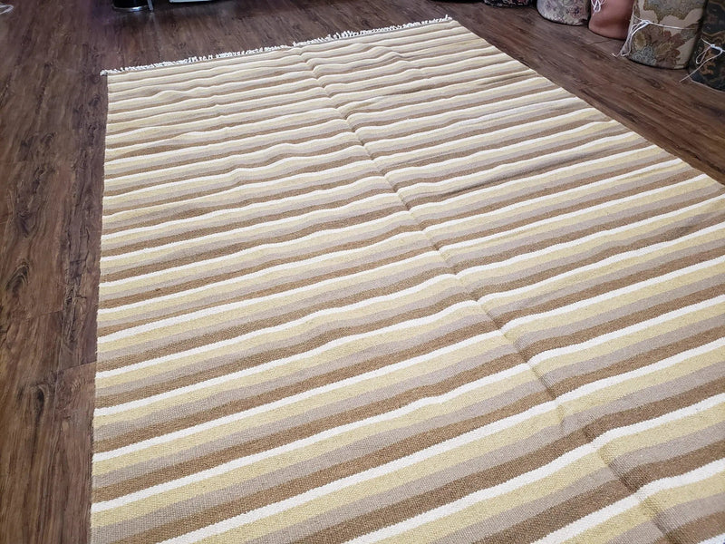 Indian Striped Blanket 6x9, Large Indo Kilim Area Rug, Earthern Tones Woolen Hand-Woven Flatweave South American Style Queen Size Bedspread by Jewel Rugs