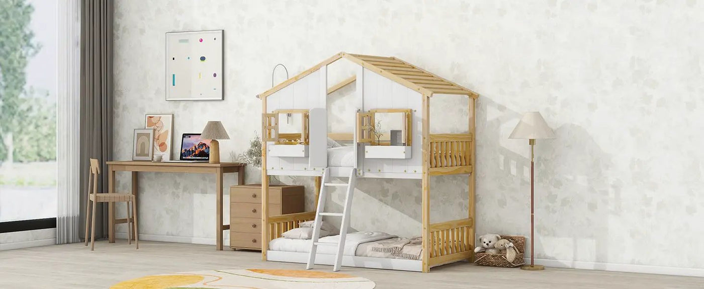 House Bunk Bed With Roof, Window, Window Box, Door, With Safety Guardrails And Ladder by HouseOfZazla