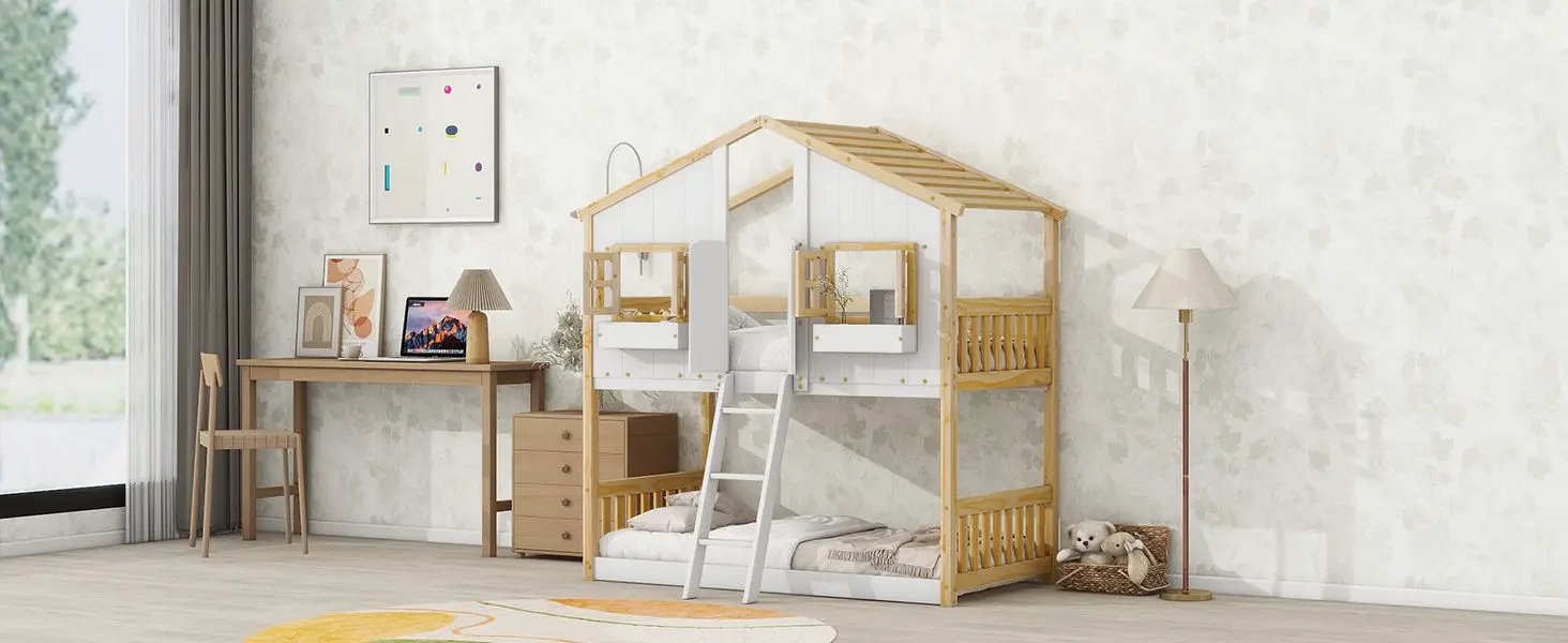 House Bunk Bed With Roof, Window, Window Box, Door, With Safety Guardrails And Ladder by Unique Piece Furniture
