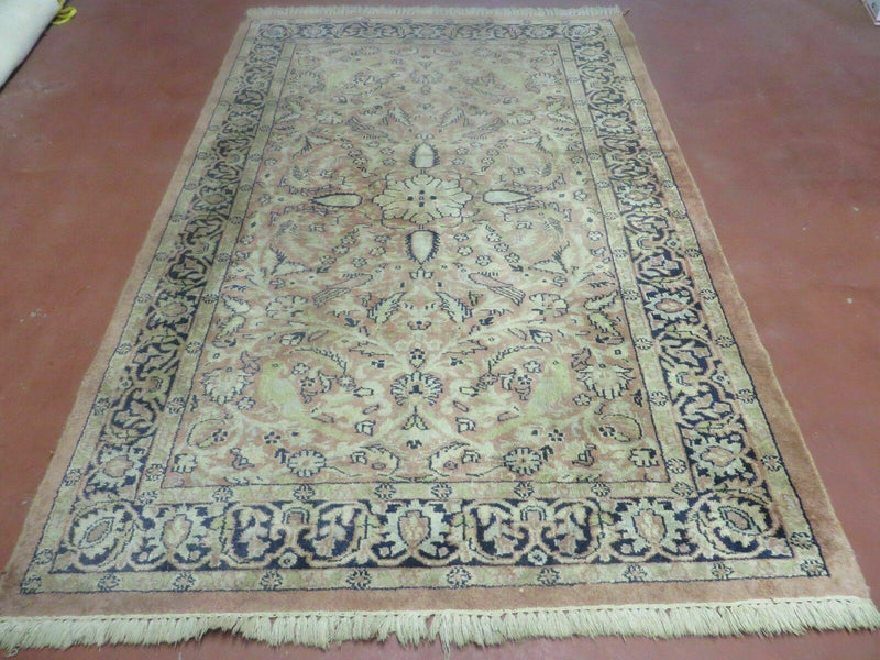 Indian Silk Rug 4x6, Indian Kashmiri Silk Carpet 4 x 6 ft, Vintage Hand Knotted Floral Bird Motifs, Light Pink and Navy Blue, Silk on Cotton by Jewel Rugs