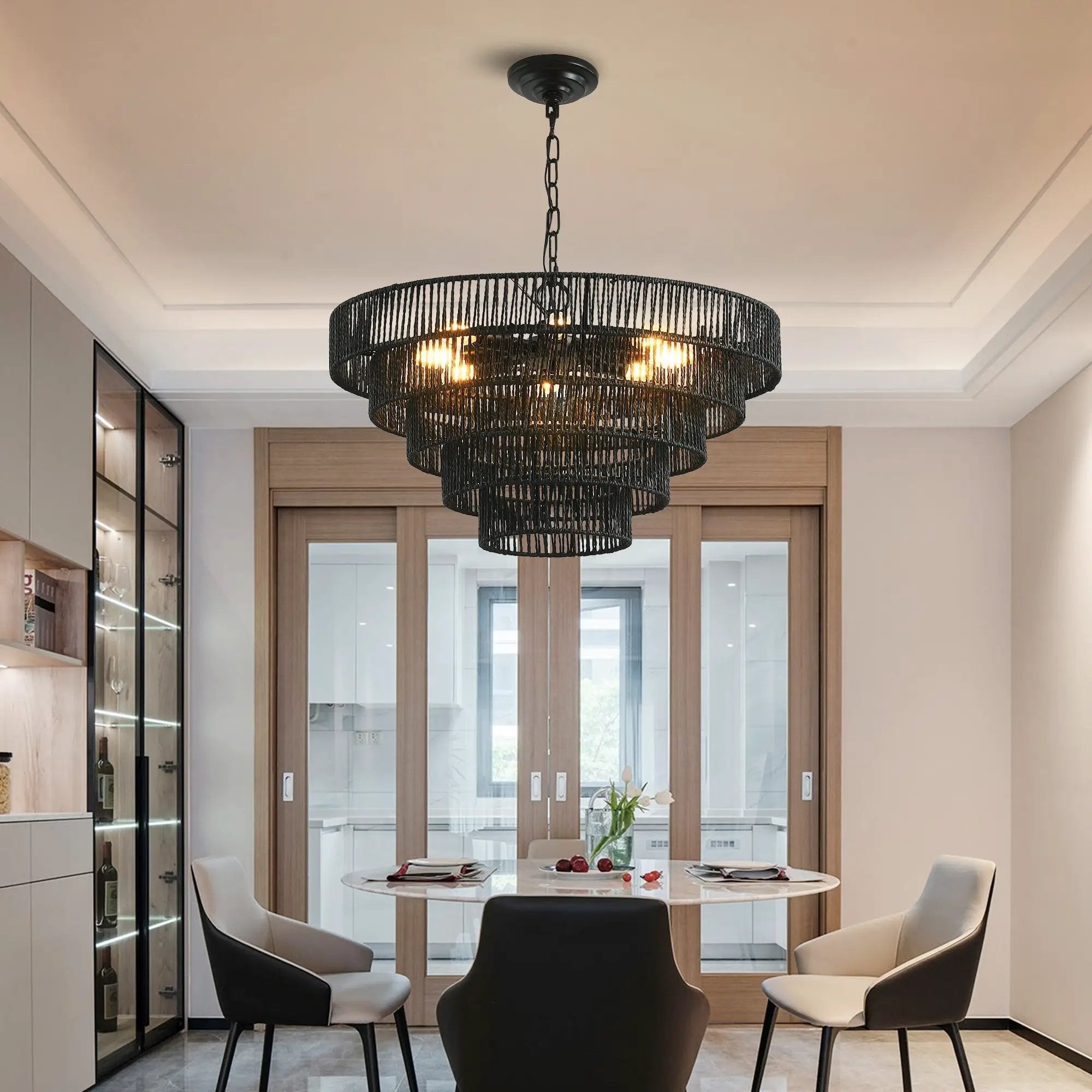 24" Rustic 5-Tier Black Hemp Rope Pendant Light Chandelier by HouseOfZazla