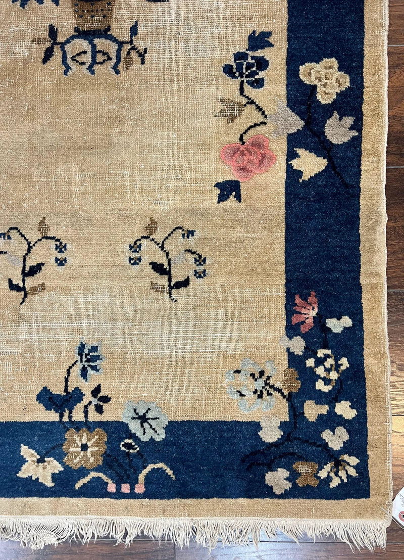Antique Chinese Peking Rug 3x6, Beige and Dark Blue Hand Knotted Handmade Asian Oriental Carpet, Floral Vases, Vintage Wool Art Deco Rug by Jewel Rugs
