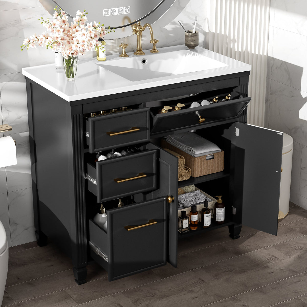36" Bathroom Vanity with Ceramic Sink and Multi-Tier Storage - Blue, Black, or Grey, photo 2 of 10