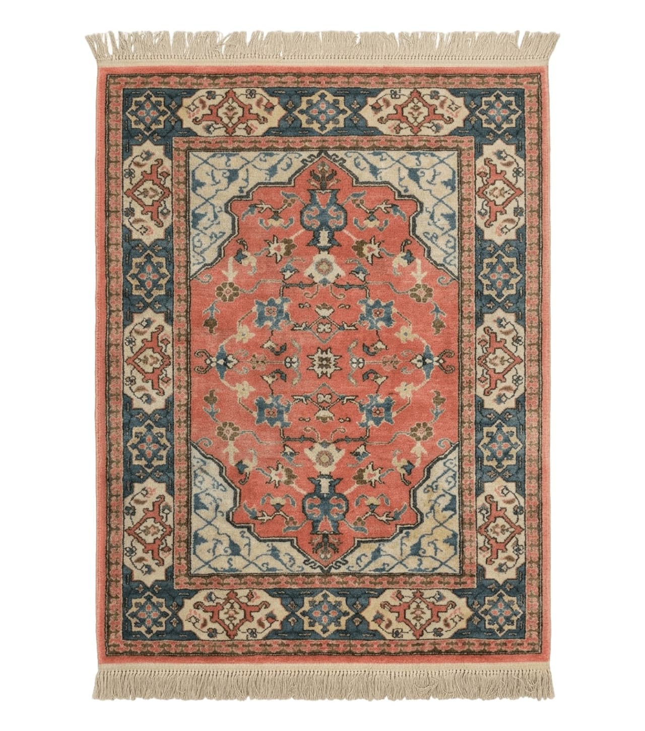 Karastan Rug 4x6 Bergama Design #737, Karastan Area Rug, Vintage Wool Karastan Carpet, Original Collection 700 Series, Salmon Red Light Blue by Jewel Rugs