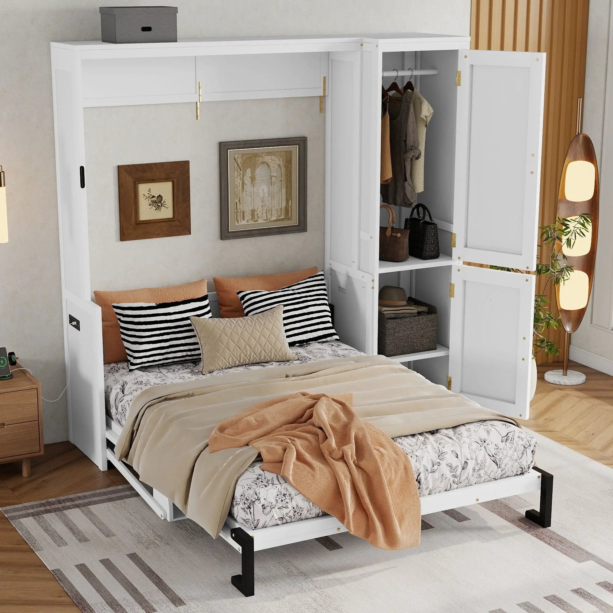 Queen Size Murphy Bed With Wardrobe, Space-Saving Hidden Wall Bed With Desk And Charging Station - White by HouseOfZazla