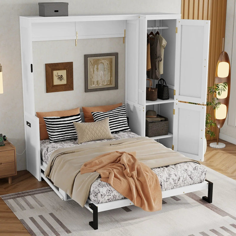 Queen Size Murphy Bed With Wardrobe, Space-Saving Hidden Wall Bed With Desk And Charging Station - White by HouseOfZazla
