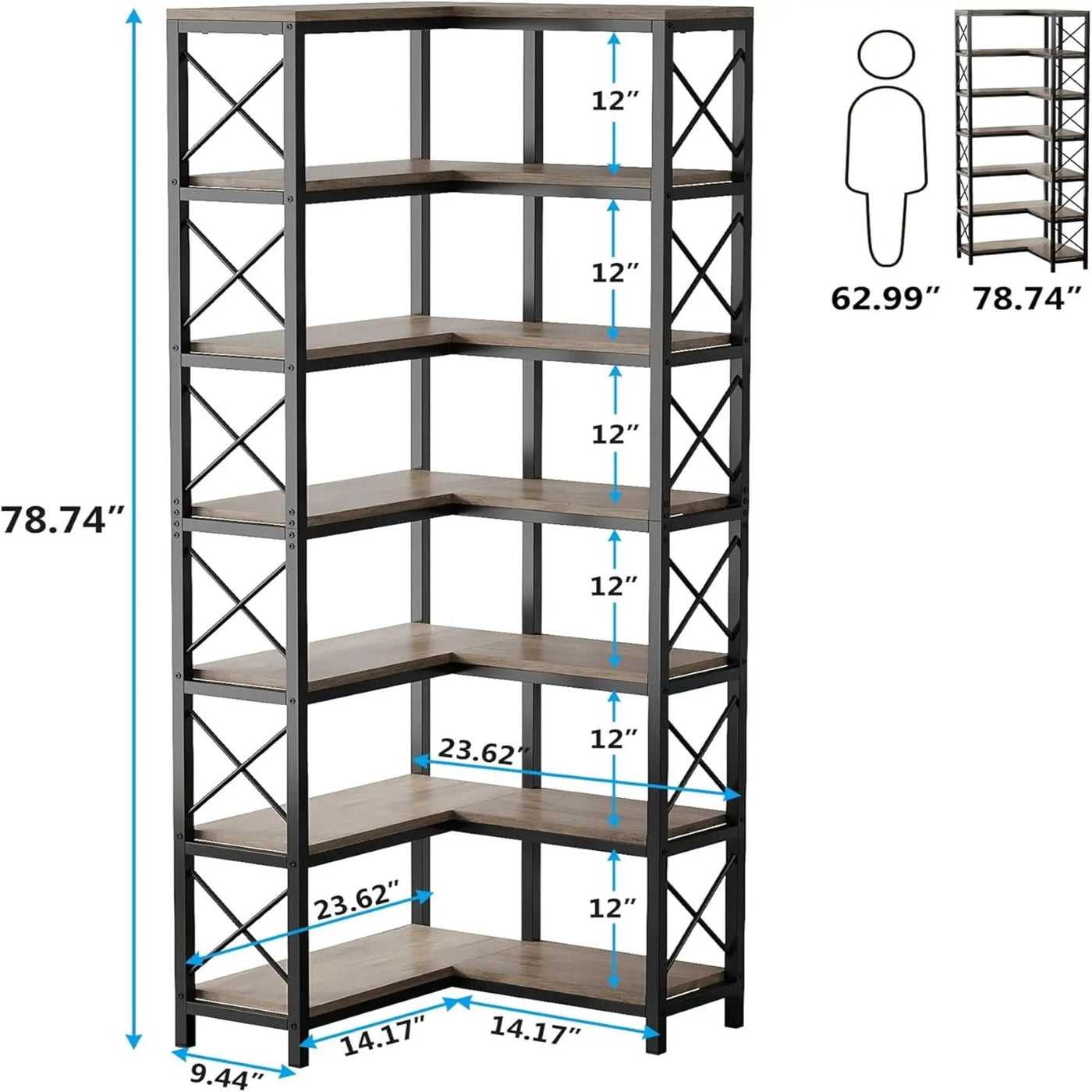 7 Tier Corner Bookshelf, Storage Unit For Living Room by HouseOfZazla