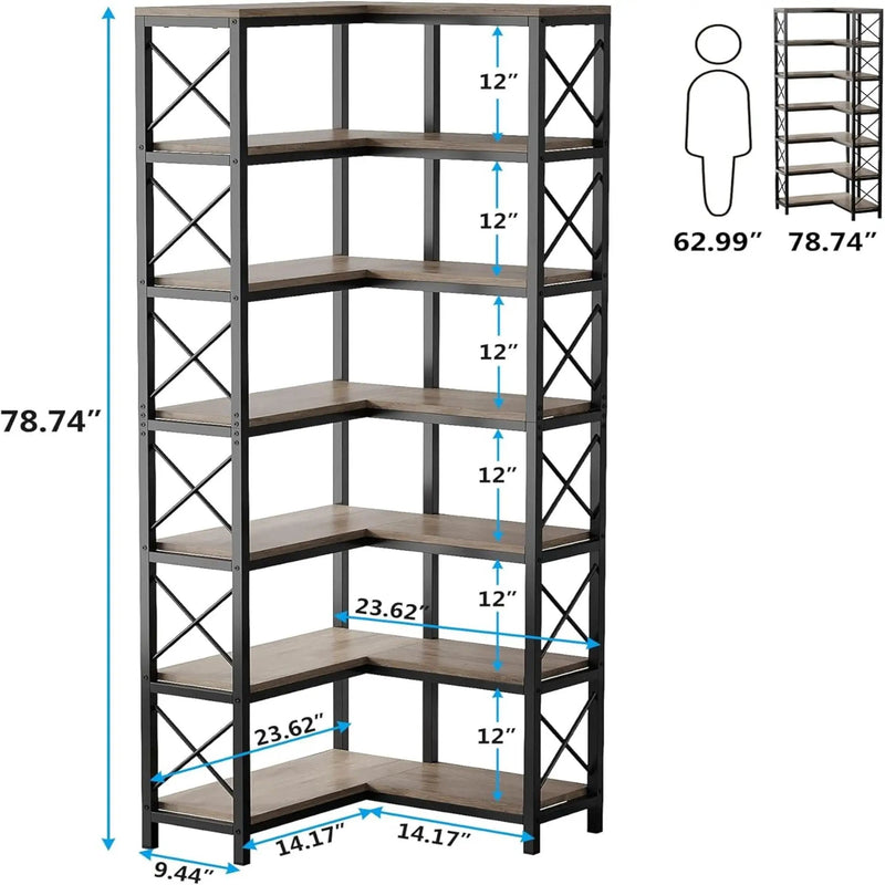 7 Tier Corner Bookshelf, Storage Unit For Living Room