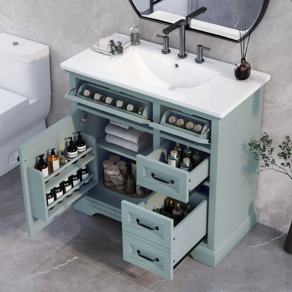 36" Bathroom Vanity with Ceramic Sink and Multi-Tier Storage - Blue, Black, or Grey, photo 3 of 10