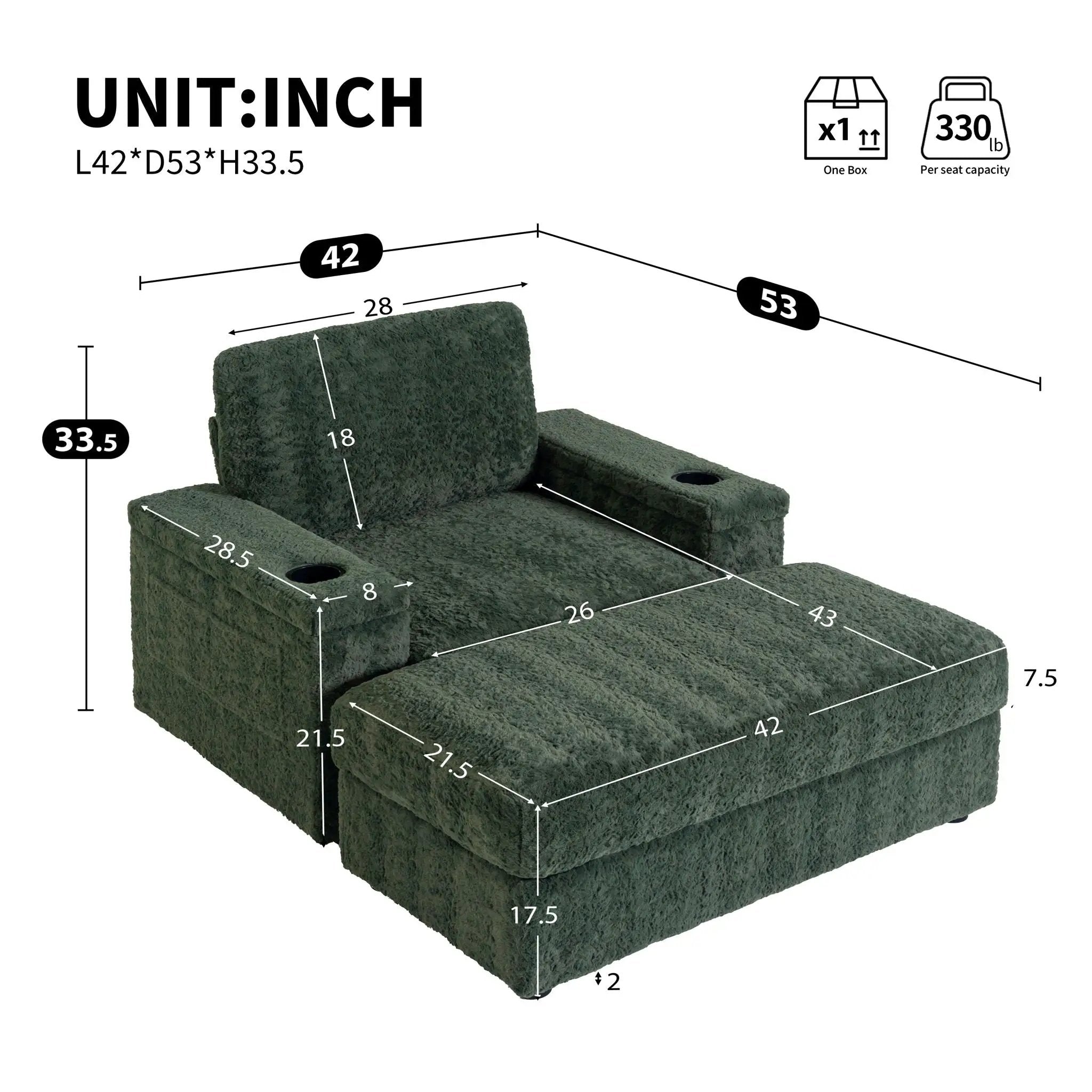Oversized Chaise Lounge Indoor Rabbit Fur Sofa Bed With Storage Ottoman And Armrests Cup Holders With Deep Seat by Unique Piece Furniture