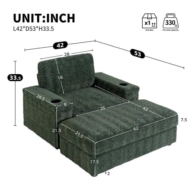 Oversized Chaise Lounge Indoor Rabbit Fur Sofa Bed With Storage Ottoman And Armrests Cup Holders With Deep Seat by Unique Piece Furniture
