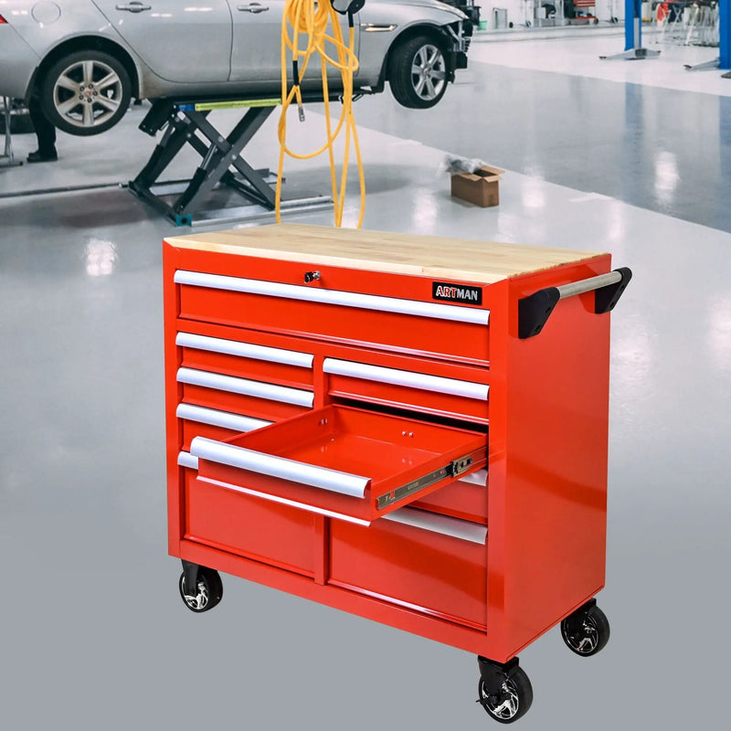 9 Drawer Multifunctional Steel Tool Cart With Wheels And Wooden Top by HouseOfZazla