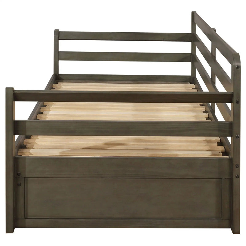 Twin Long 2 Drawer Daybed With Extendable Trundle, Storage Drawers, Fits Standard Mattress - Gray by HouseOfZazla