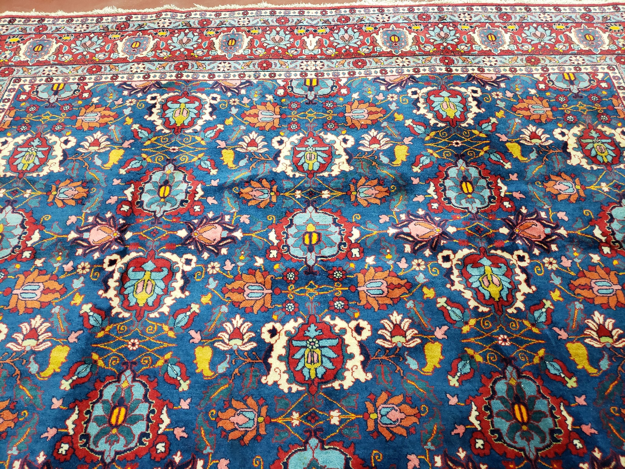 Rare Antique Persian Veramin Carpet, Mina-Khani Pattern, Blue, Red, Ivory, 7x11 ft, Hand-Knotted, Wool by Jewel Rugs