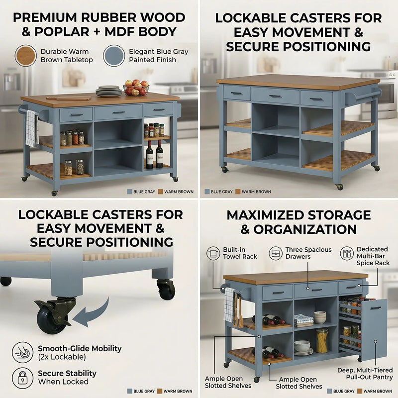 52" Kitchen Island Cart with Rubber Wood Top by HouseOfZazla