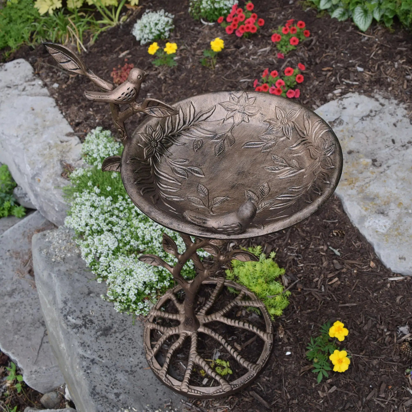 Cast Aluminum 33-in Metal Bird Bath with Branch and Two Birds by Sharicks