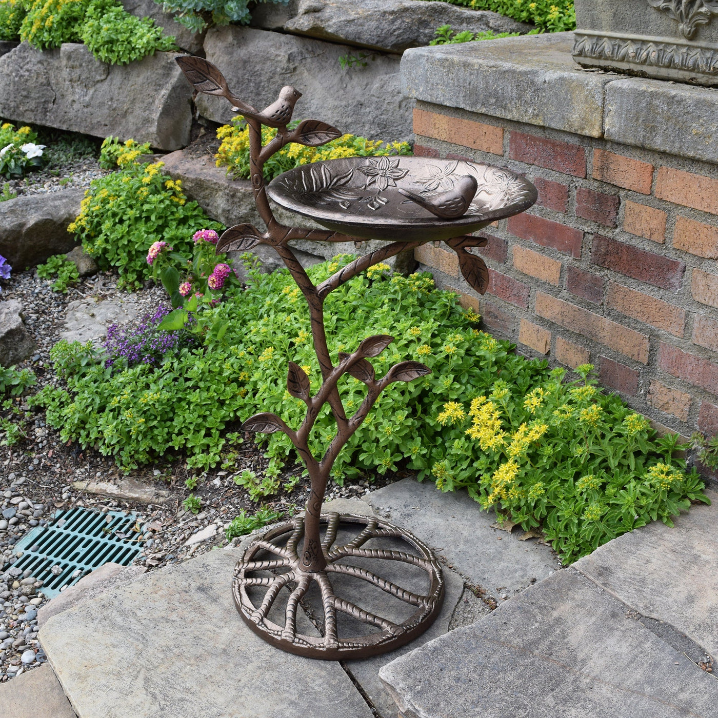 Cast Aluminum 33-in Metal Bird Bath with Branch and Two Birds by Sharicks