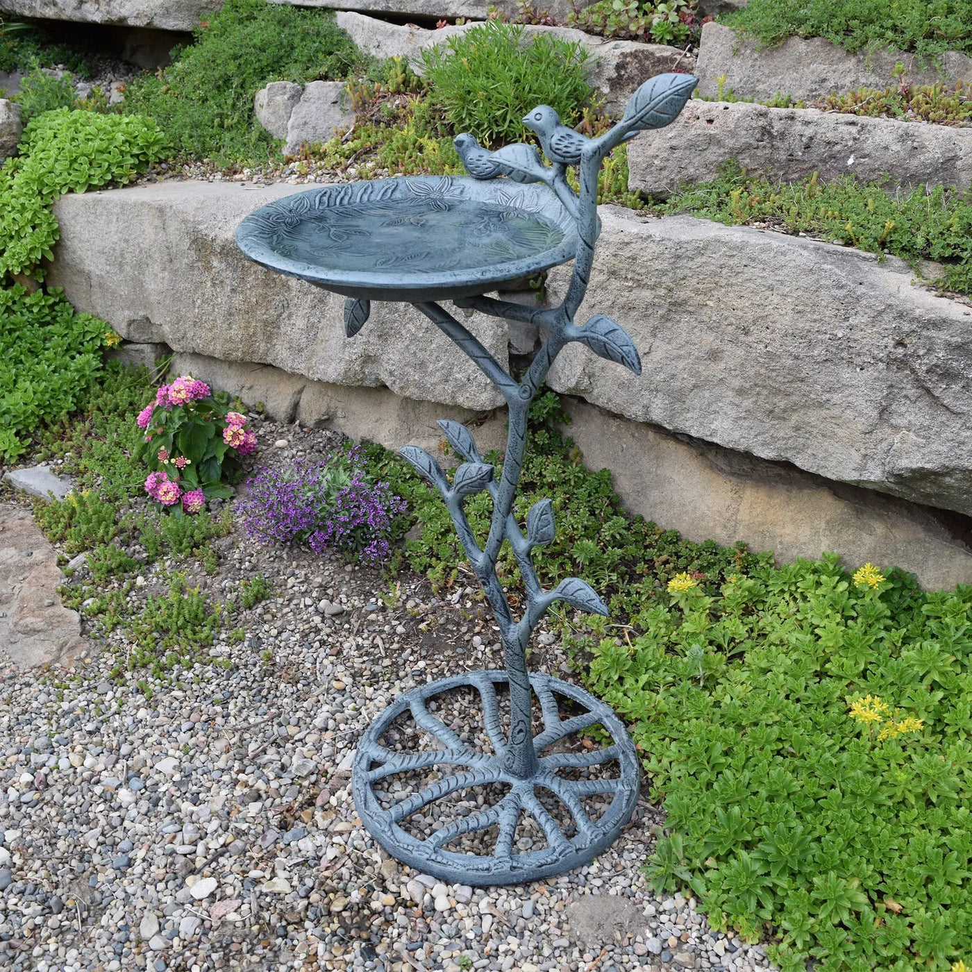 Cast Aluminum 33-in Metal Bird Bath with Branch and Two Birds by Sharicks