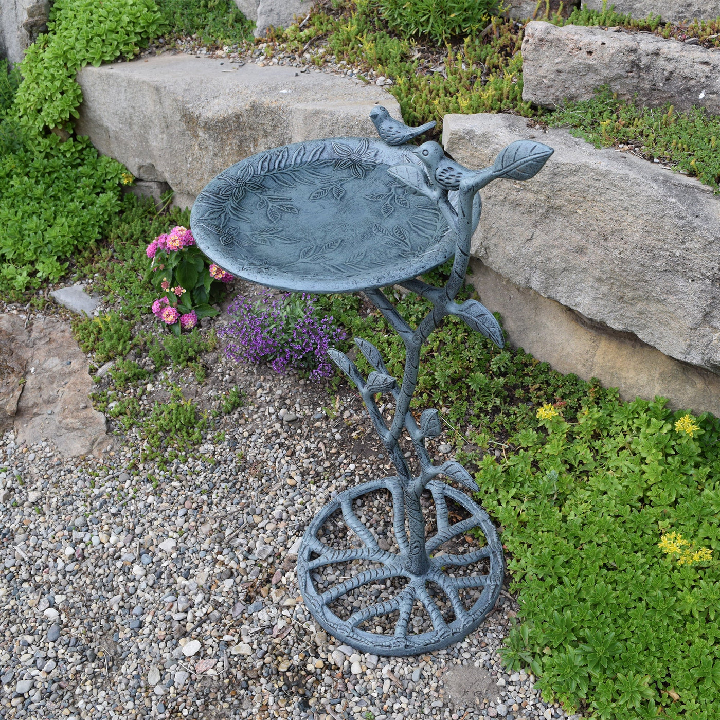Cast Aluminum 33-in Metal Bird Bath with Branch and Two Birds by Sharicks