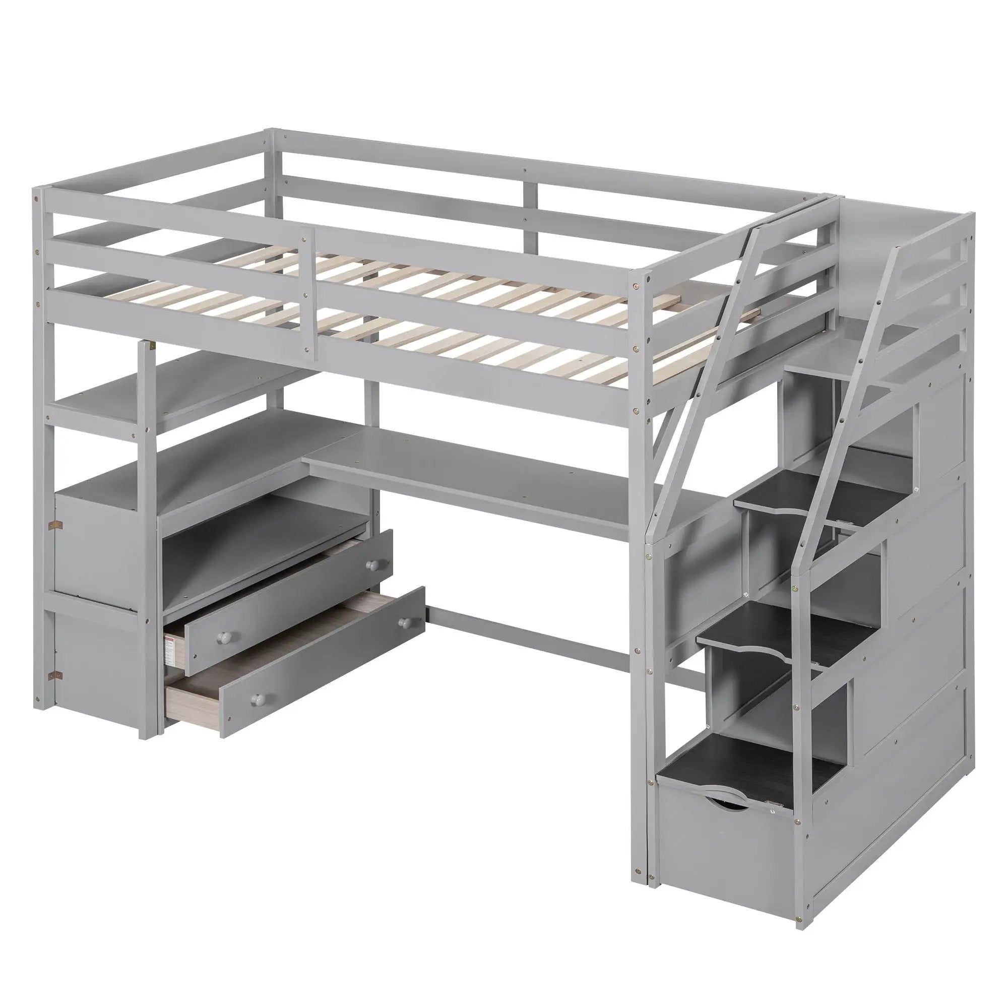 Loft Bed With Desk, Shelves, 2 Drawers, Storage Staircase