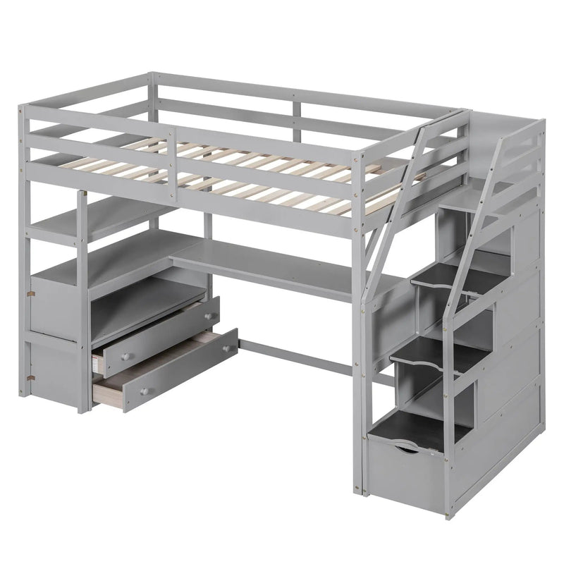 Loft Bed With Desk, Shelves, 2 Drawers, Storage Staircase
