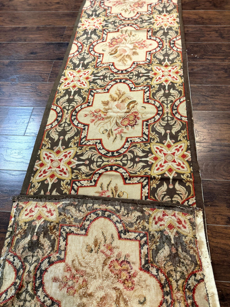 Needlepoint Runner Rug 2.7 x 9.7, European French Design, Wool, Handmade, Vintage by Jewel Rugs