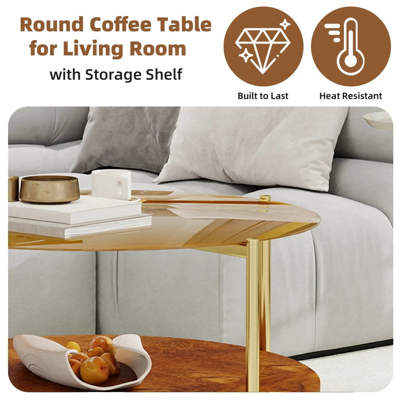 Luxurious Round Coffee Table with Gold-Tinted Tempered Glass Top by HouseOfZazla