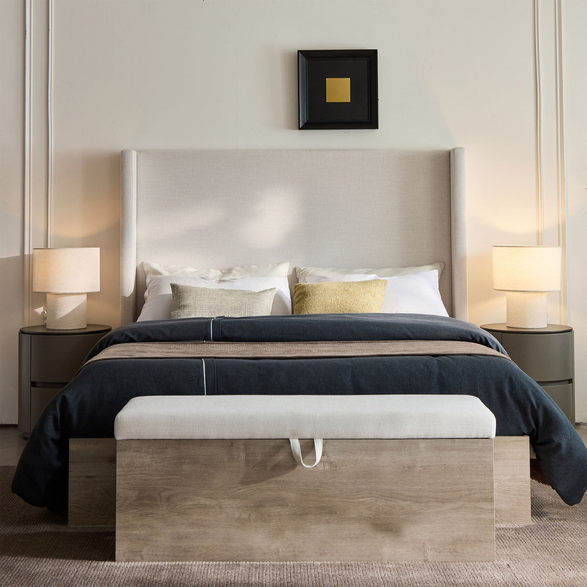 Queen Upholstered Wingback Bed with 54" High Headboard - Ivory / Light Gray / Camel Oak, photo 8 of 14