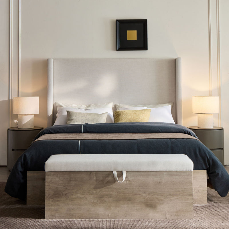 Queen Upholstered Wingback Bed with 54" High Headboard - Ivory / Light Gray / Camel Oak, photo 8 of 14
