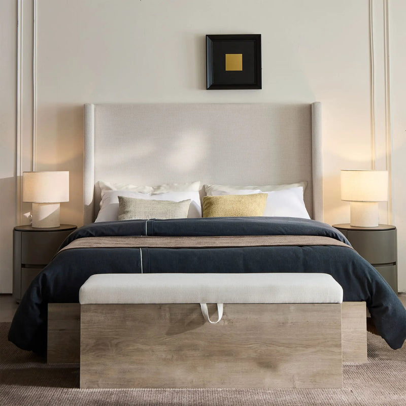 Shelton - Queen Upholstered Wingback Bed With 54" High Headboard - Ivory / Light Gray / Camel Oak by Unique Piece Furniture