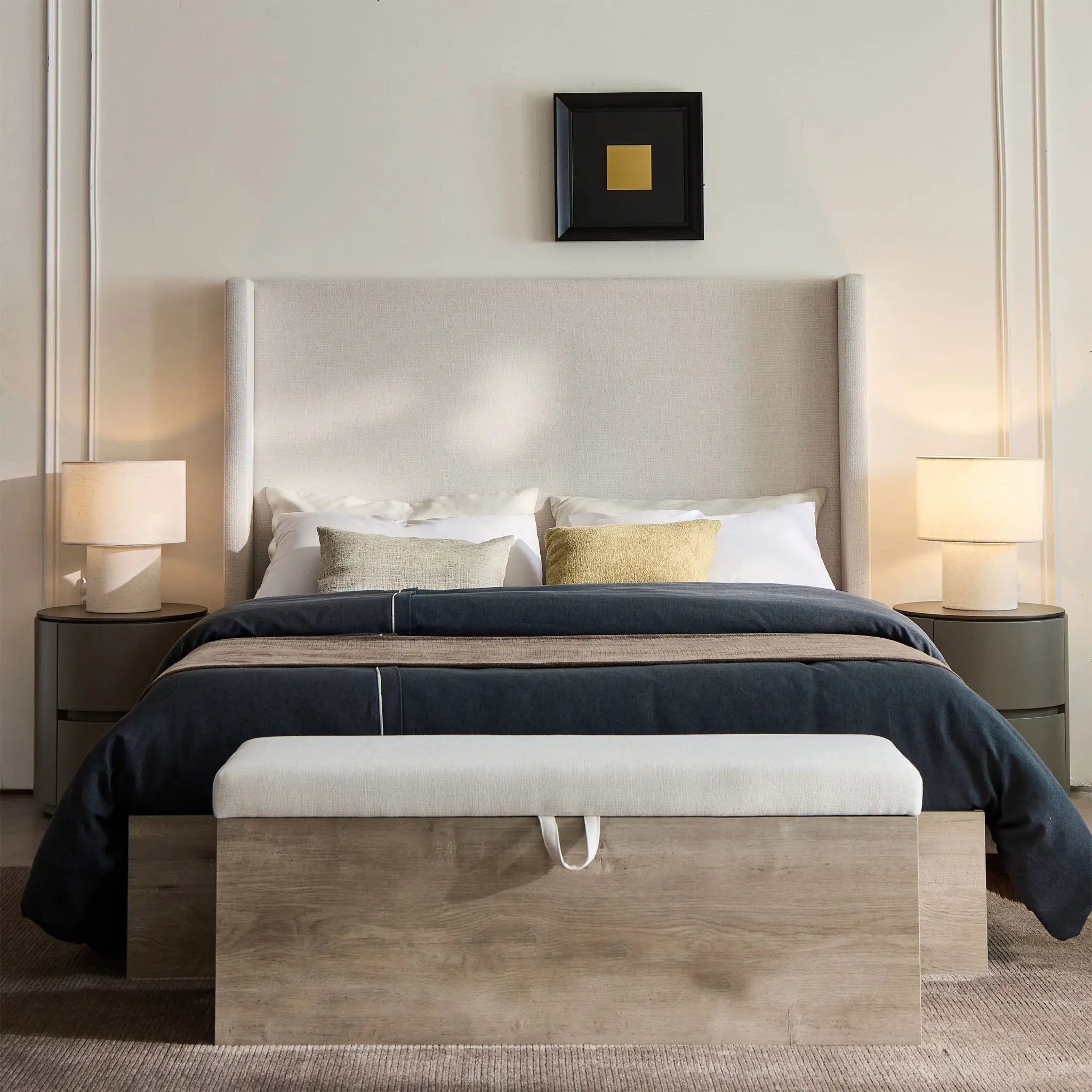 Shelton - Queen Upholstered Wingback Bed With 54" High Headboard - Ivory / Light Gray / Camel Oak by HouseOfZazla