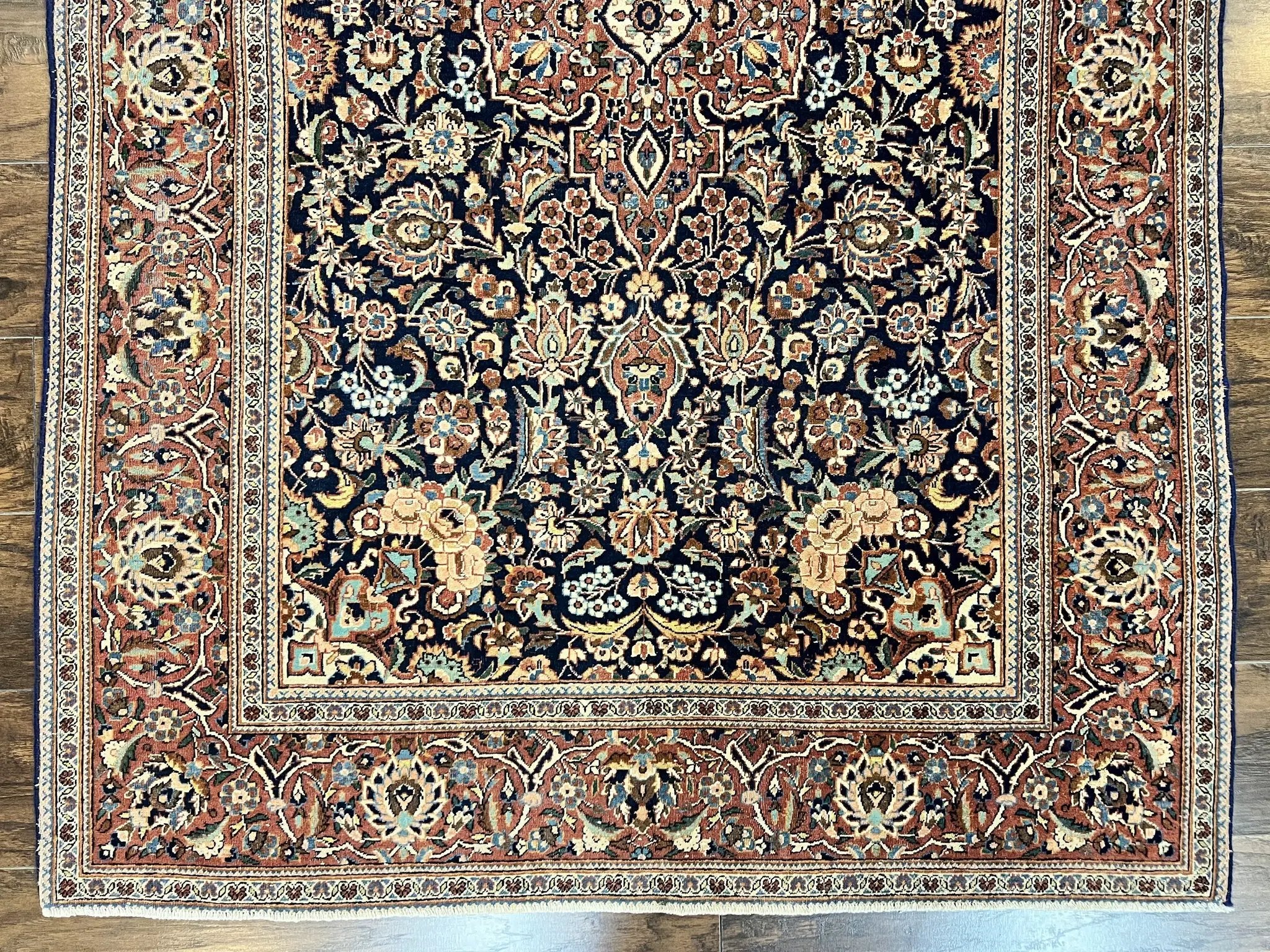 Persian Kashan Rug 4x7, Floral Medallion Vintage Handmade Hand Knotted Navy Blue & Red Wool Oriental Carpet, Highly Detailed Semi Antique Rug by Jewel Rugs