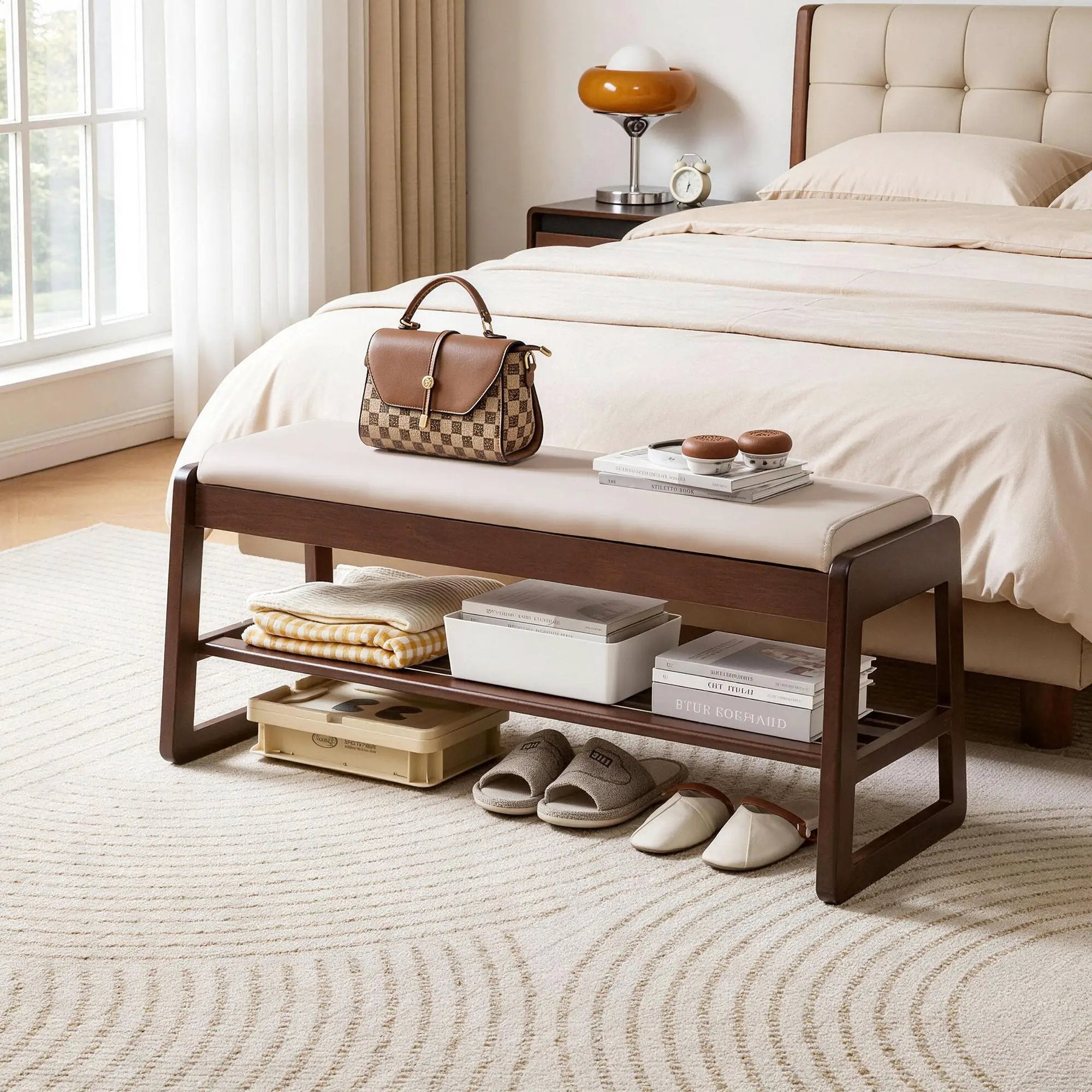 Wood Shoe Storage Bench with Premium Vegan Leather Seat by HouseOfZazla