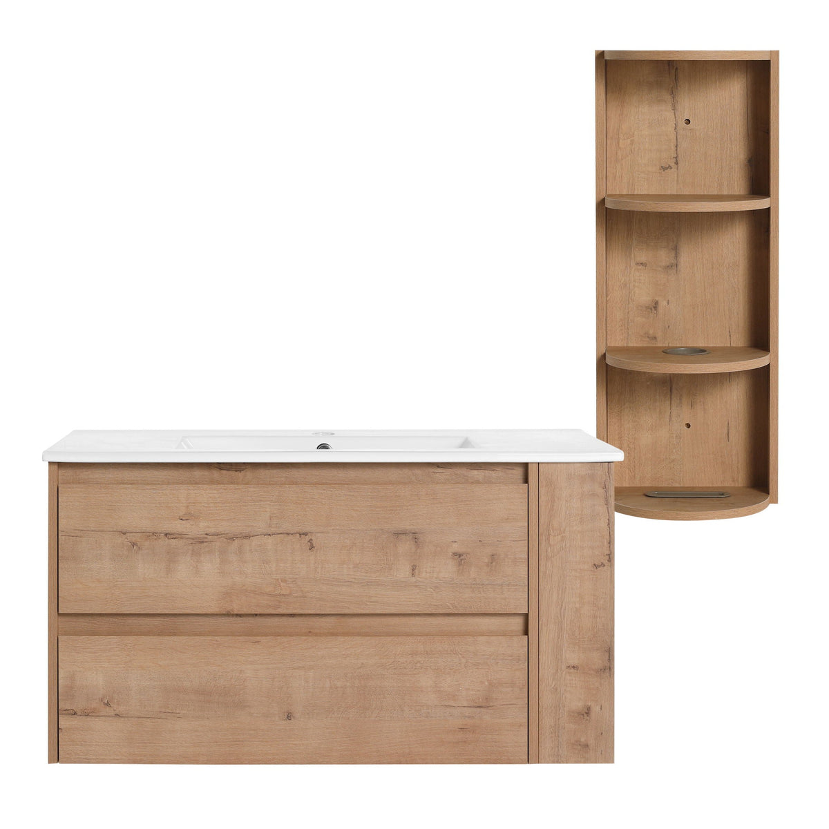 Modern Wall Mounted Bathroom Vanity with Ceramic Sink and Storage - Light Brown, photo 2 of 8