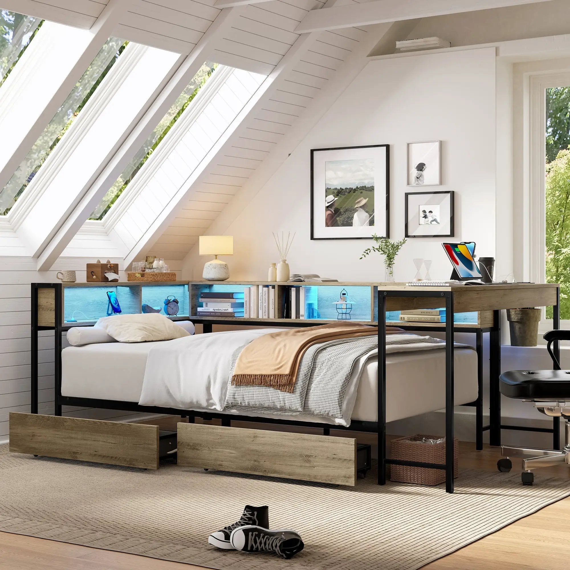 Corner Bed Frame Full Size with Bookcase and Storage Drawers by HouseOfZazla