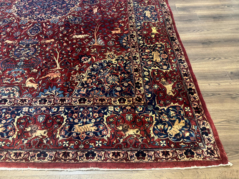 Antique Indo Persian Kerman Rug 9x12 Red Manchester Wool Animal Pictorials, Fine 290 KPSI by Jewel Rugs