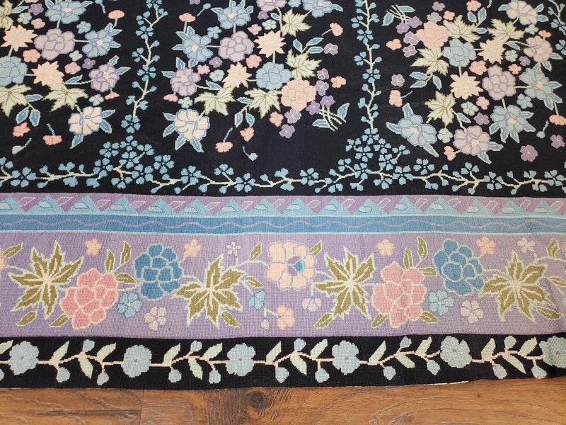 Chinese Needlepoint Rug 8 x 11.4, Hand-Woven Area Carpet, Flatweave Rug, Black Blue Light Violet Floral Garden European Design Wool Aubusson by Jewel Rugs