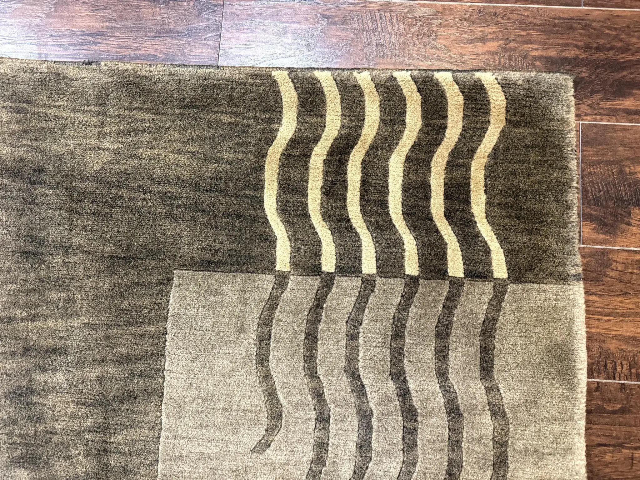 Modern Tibetan Wool Rug 3.6 x 5.6, Shades of Green, Abstract Design by Jewel Rugs