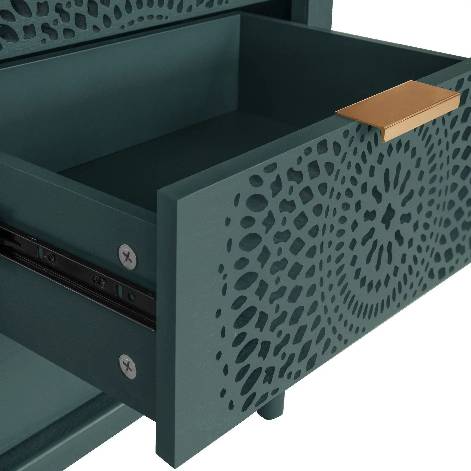 Hollow Carved 3 Drawer Dresser With Metal Handles, Storage Chest For Living Room Or Bedroom - Blackish Green by HouseOfZazla