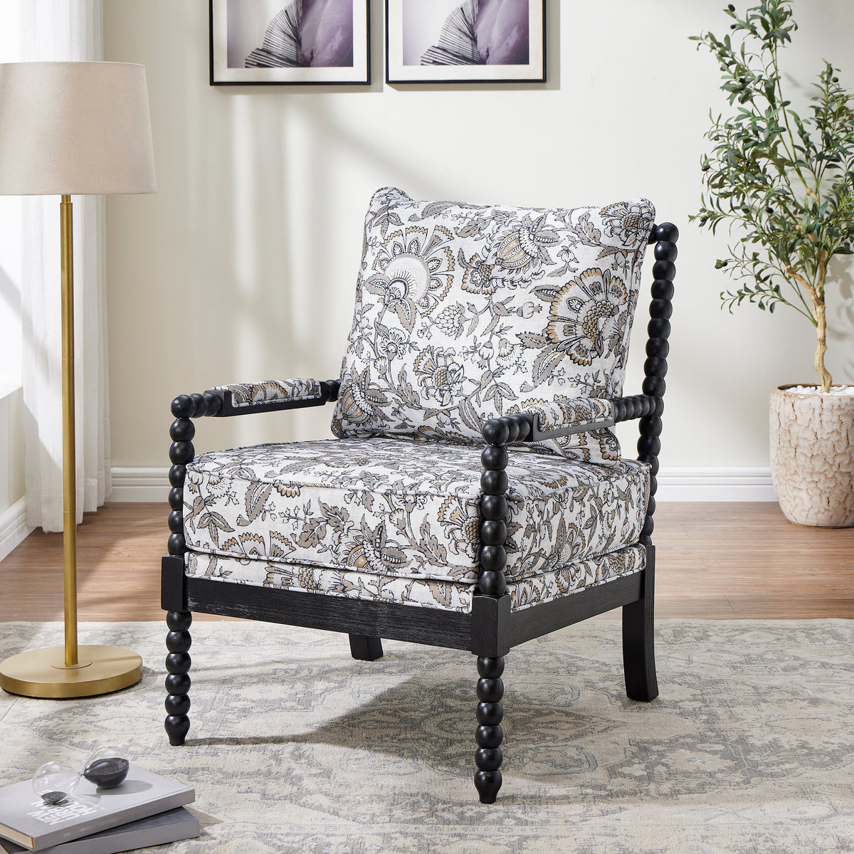 Belvoir Upholstered Spool Accent Chair with Turned Wood Frame - Floral
