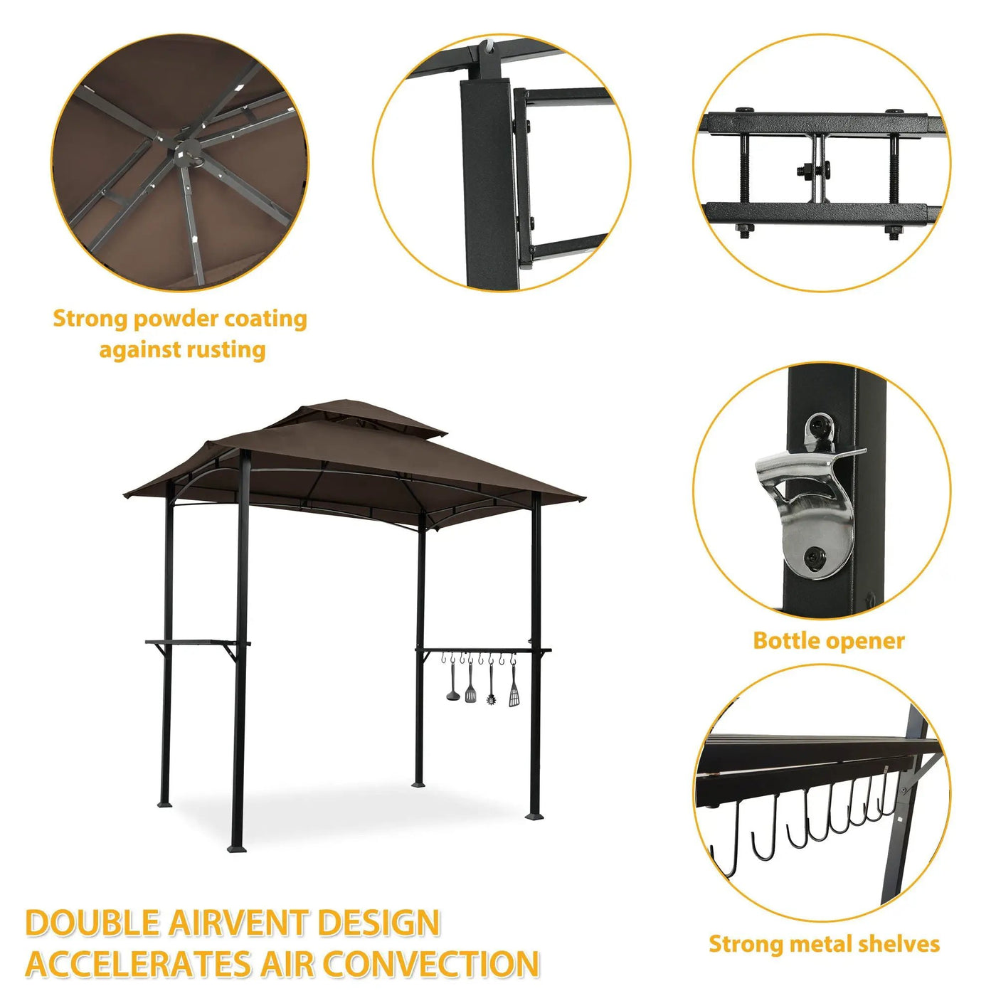 Outdoor Grill Gazebo With Double Tier Soft Top Canopy, Steel Frame, Bar Counters & Hook by HouseOfZazla