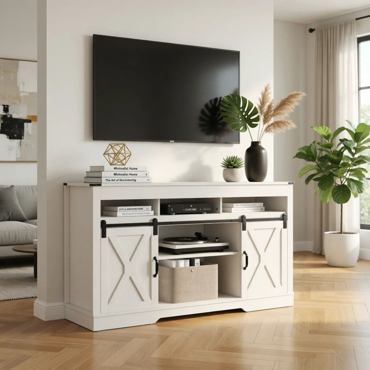 Farmhouse TV Stand With Sliding Barn Doors & Adjustable Storage by HouseOfZazla