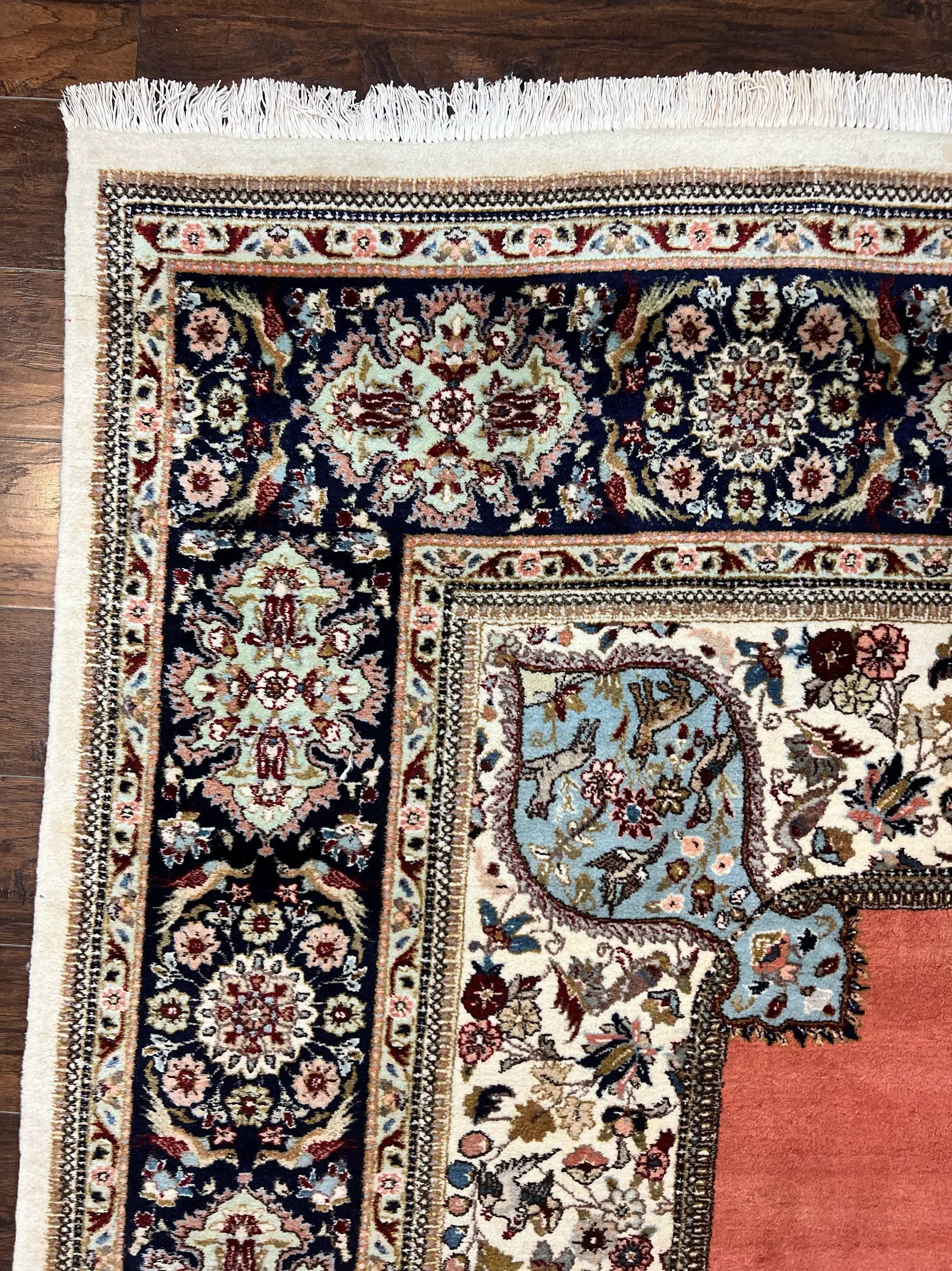 Persian Tabriz Rug 10x13, Wool Hand Knotted Vintage Carpet, Salmon Red & Ivory, Semi Open Field, Birds & Animal Motifs, Large Rug by Jewel Rugs