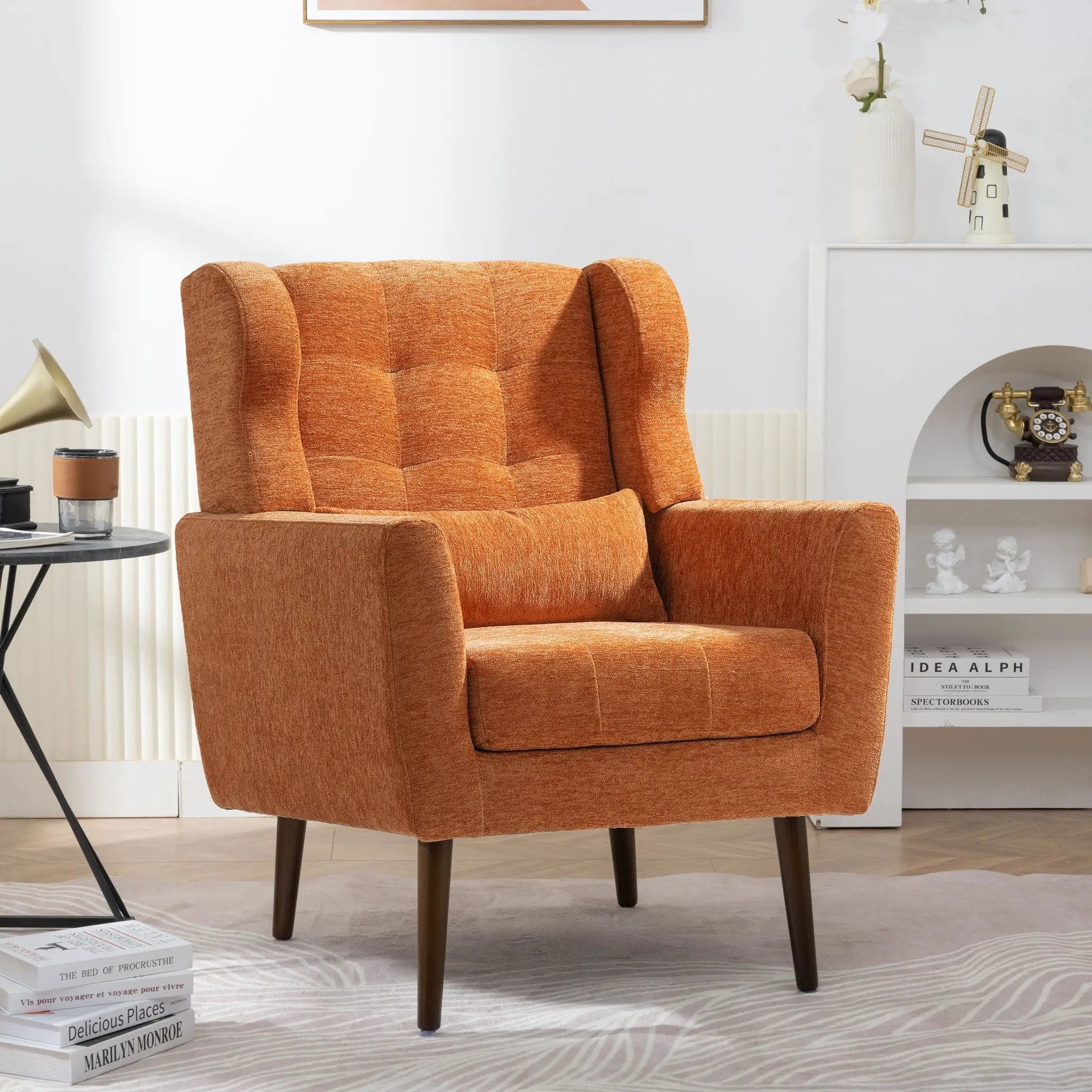 Modern Accent Chair, Arm Chairs For Living Room, Upholstered Mordern Armchair, Comfy Soft Padded Lounge Chair In Small Space, Bedroom, With Pillow, Solid Wood Leg by Unique Piece Furniture
