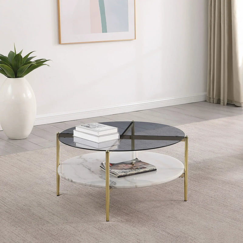 Jonelle Round Glass Top Coffee Table White Marble Shelf Gold by Unique Piece Furniture