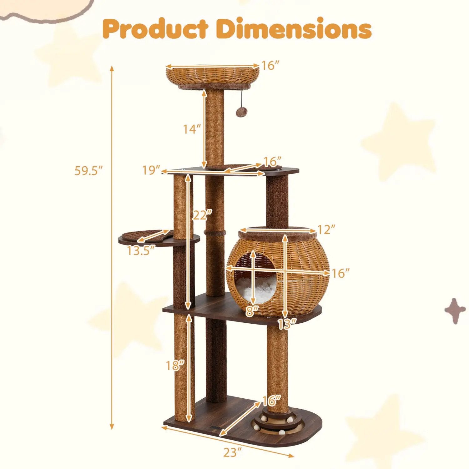 59.5 Inch Cat Tree Multi-Level Cat Tower with PE Rattan Cat Condo and Top Perch by DirectDeals