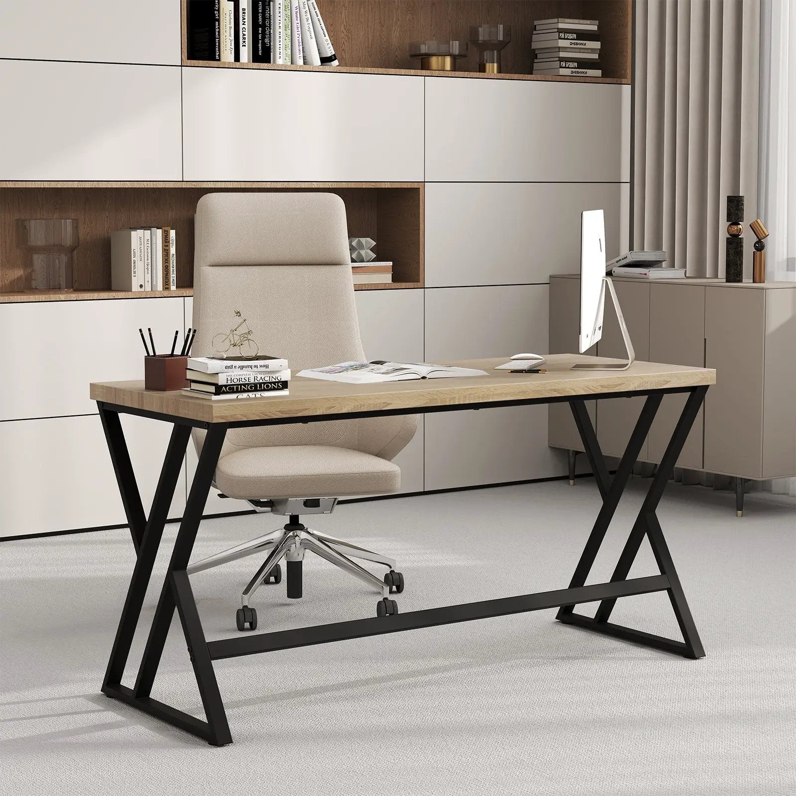 59 Inch Computer Desk with Heavy-duty Metal Frame and Crossbar-Gray by DirectDeals
